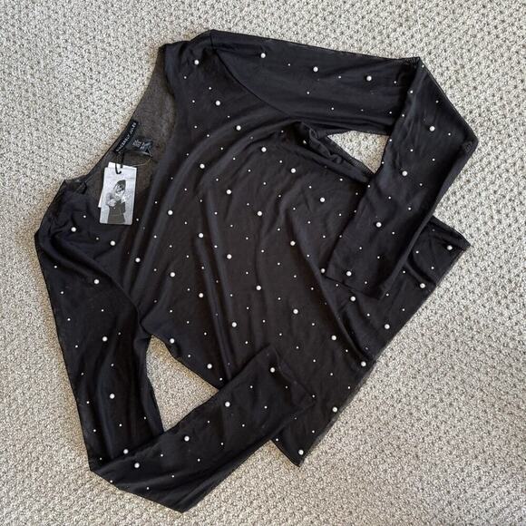 Womens Rhinestone Pearl Mesh See-through Long Sleeve Crop Tops Blouse Shirt Med - Picture 7 of 8